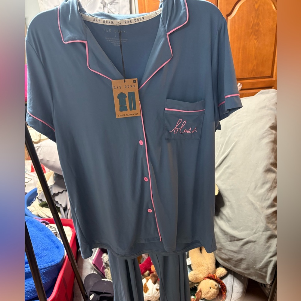Rae Dunn Women's 3 piece Blue Pajama Set with Pink Accents